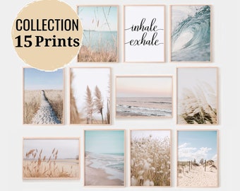 Boho Beach Wall Art, Coastal Gallery Wall Set of 15 prints, Neutral pampas grass photography, Printable Wall Art