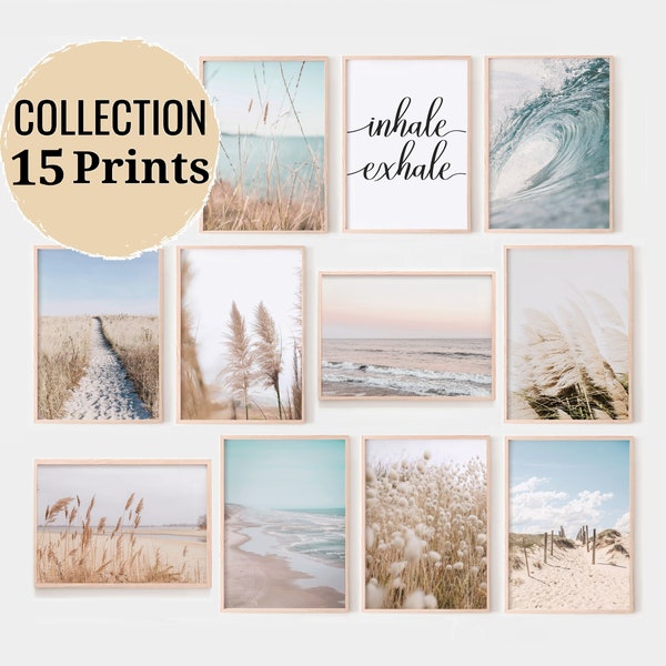 Boho Beach Wall Art, Coastal Gallery Wall Set of 15 prints, Neutral pampas grass photography, Printable Wall Art