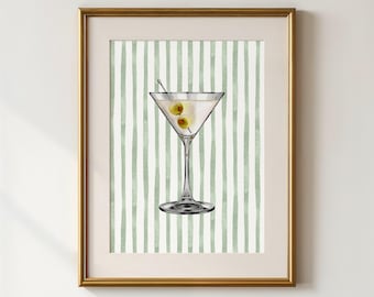 Martiniglaskunstprint: retro groene strepen barwagendecor (digitale download)