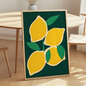 Lemons art print, trending green kitchen digital poster, summer mediterranean fruit art, vibrant green yellow printable wall art