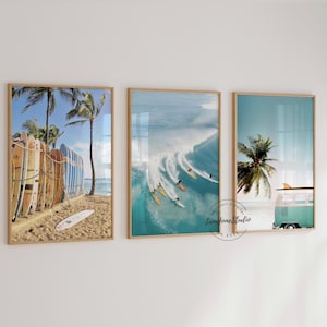 Surf beach prints set of 3, surfboard coastal photography, summer beachy posters wall decor, printable wall art