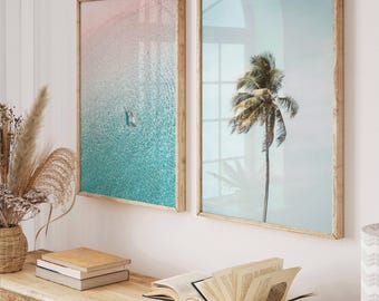 Aerial beach prints set of 2, tropical coast photography, palm tree picture, aerial ocean view posters, printable wall art