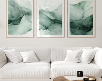 Emerald green painting prints set of 3, textured abstract 3 piece wall art, green abstract artwork, contemporary printable wall art