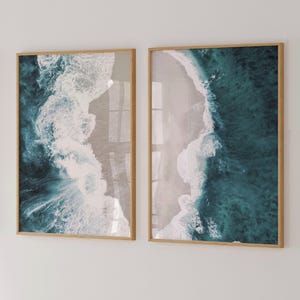 Aerial ocean waves prints set of 2, turquoise ocean 2 piece wall art, printable beach photo posters