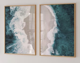 Aerial ocean waves prints set of 2, turquoise ocean 2 piece wall art, printable beach photo posters