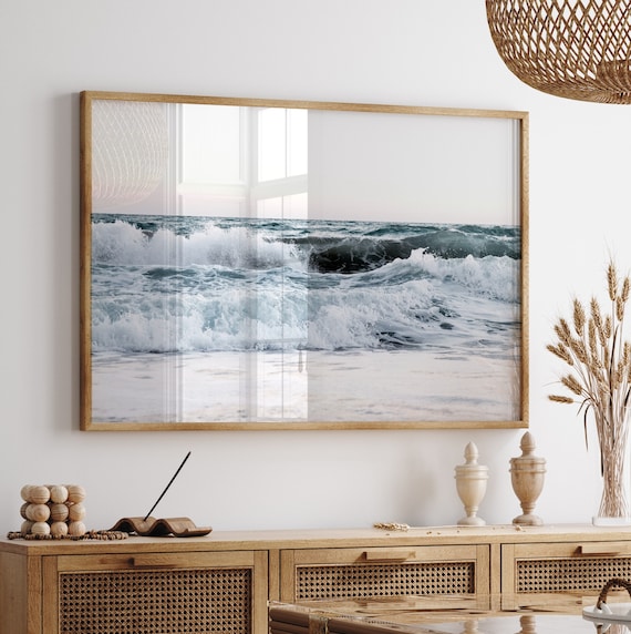 Downloadable ocean waves print, blue beach wave photography, modern coastal water poster, large printable wall art
