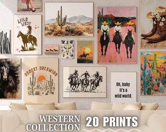 Moderne westerncowboy 20 prenten, abstracte zuidwestelijke woestijnschildering muurkunst, digitale download