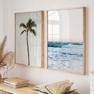 Palmen\ Ozean-Drucke 2er-Set, tropische Küstendrucke, boho blaue Strandposter, druckbare 2-teilige Wandkunst