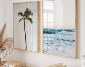 Palm tree\ ocean prints set of 2, tropical coastal prints, boho blue beach posters, printable 2 piece wall art