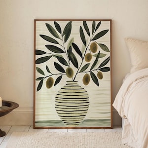 Impression vert sauge branche d'olivier, peinture d'olivier dans un vase, oeuvre d'art botanique moderne bohème, art mural imprimable