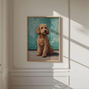 May include: A framed painting of a brown and white dog sitting on a light blue background.