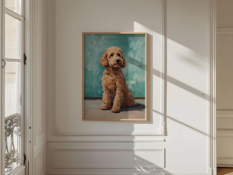 May include: A framed painting of a brown and white dog sitting on a light blue background.