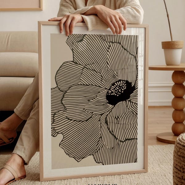 Neutral abstract floral lines art print, Minimalist modern black beige flower poster, digital download