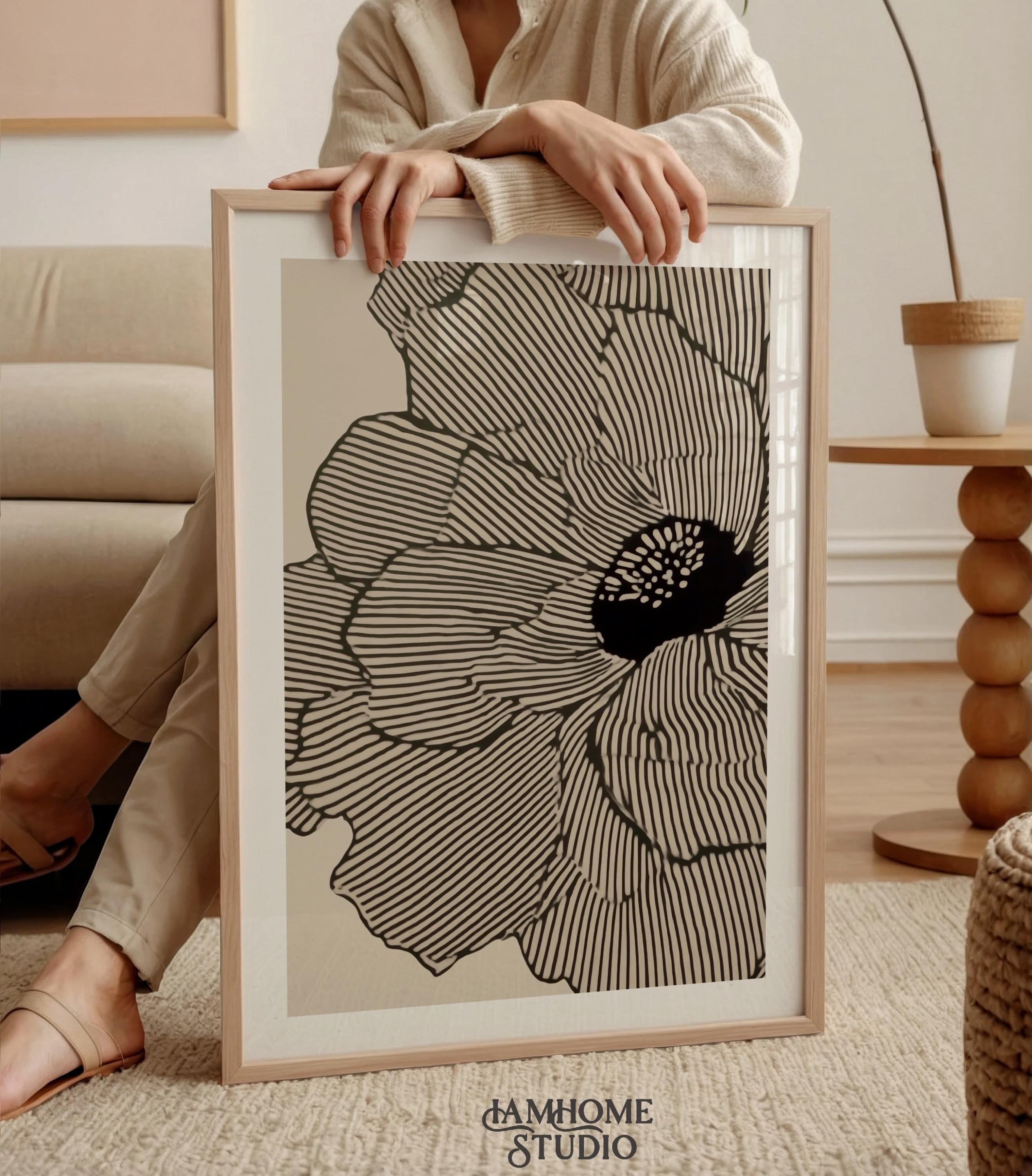 Neutral Abstract Floral Lines Art Print, Minimalist Modern Black