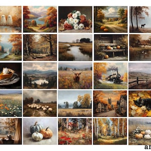 May include: A collection of 25 landscape and still-life paintings with an autumnal theme. The paintings feature scenes of nature, including forests, rivers, and fields, as well as pumpkins, flowers, and a slice of pie.