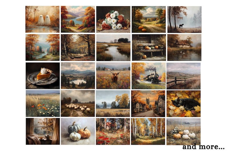 May include: A collection of 25 landscape and still-life paintings with an autumnal theme. The paintings feature scenes of nature, including forests, rivers, and fields, as well as pumpkins, flowers, and a slice of pie.