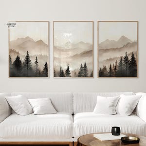 Abstract forest mountains triptych art, minimalist modern foggy landscape prints set of 3, printable neutral nature 3 piece wall art
