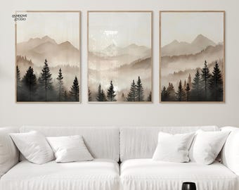 Abstract forest mountains triptych art, minimalist modern foggy landscape prints set of 3, printable neutral nature 3 piece wall art