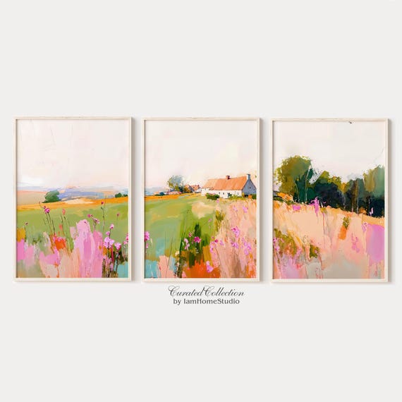 Colorful landscape painting 3 piece wall art, abstract brush strokes scenery prints, modern farm nature triptych artwork, printable wall art