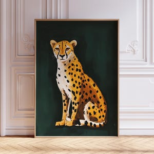 May include: A painting of a cheetah sitting on a dark green background. The cheetah is facing forward with its head tilted slightly to the side. The cheetah has a spotted coat with black spots on a light brown background.