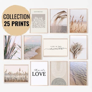 Galeriewandset van 25 prints, pastelkleurige kustcollectie, neutrale minimalistische strandposters, printbare wanddecoratie
