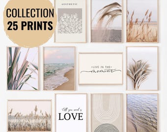 Gallery Wall Set of 25 Prints, Pastel Coastal Collection, Neutral Minimalist Beach Posters, Printable Wall Art