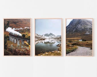 Scotland nature prints set of 3, Highlands wall art, steam train photography, printable wall art