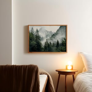 Forest mountains digital print, misty foggy mountains photography, green forest landscape print, large nature picture, printable wall art image 7
