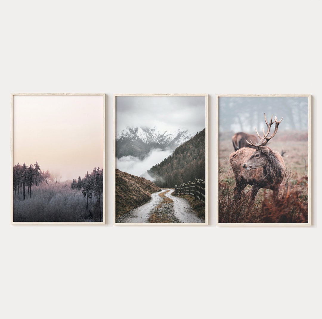 Deer Prints Set of 3, Nordic Forest Art, Mountain Landscape Print, Deer ...