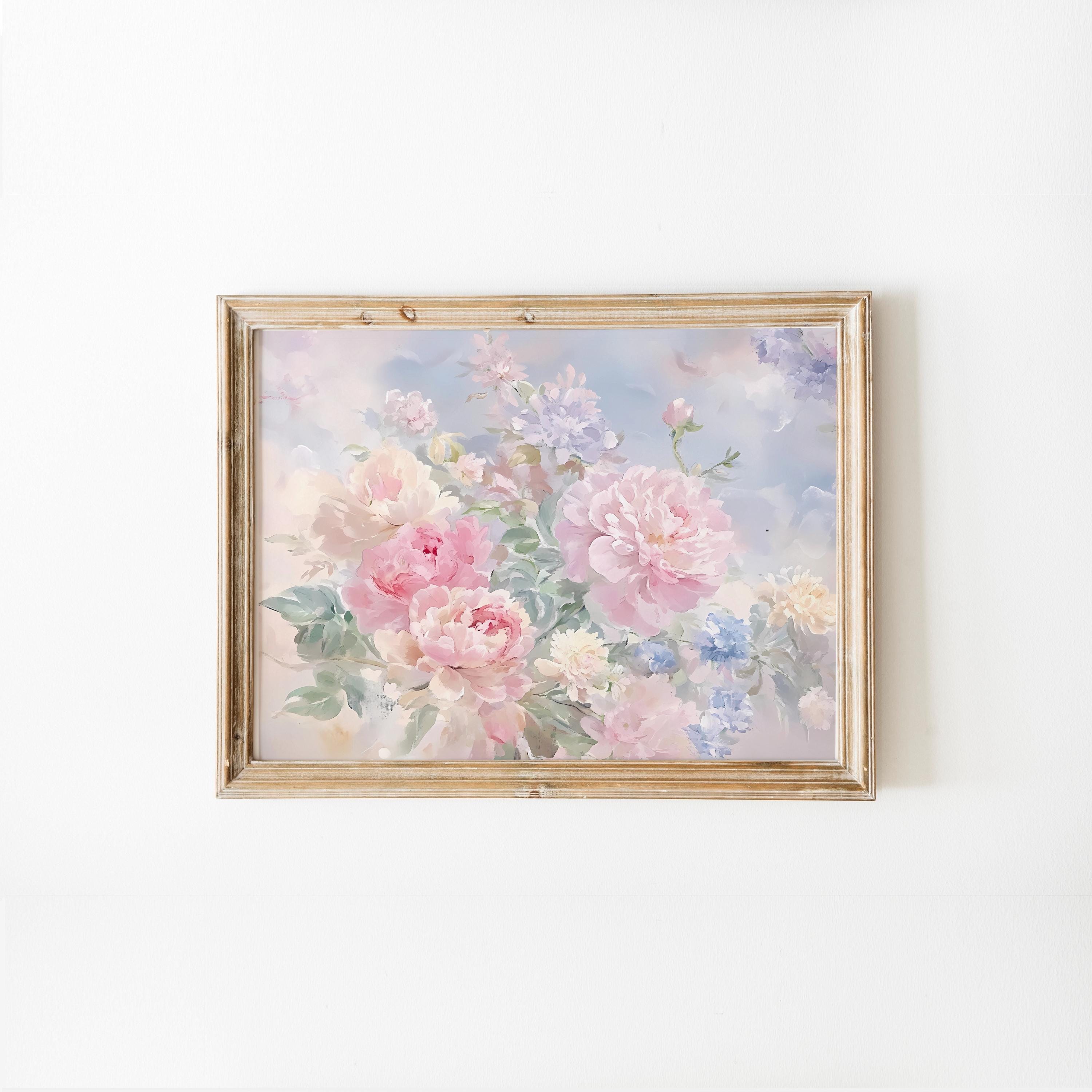 柔らかいピンクのバラの絵画プリント、パステルピンクの青い花の花束