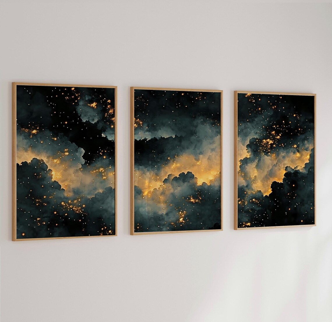 Moody Celestial Prints Set of 3, Starry Night Sky Paintings, Dark Blue ...