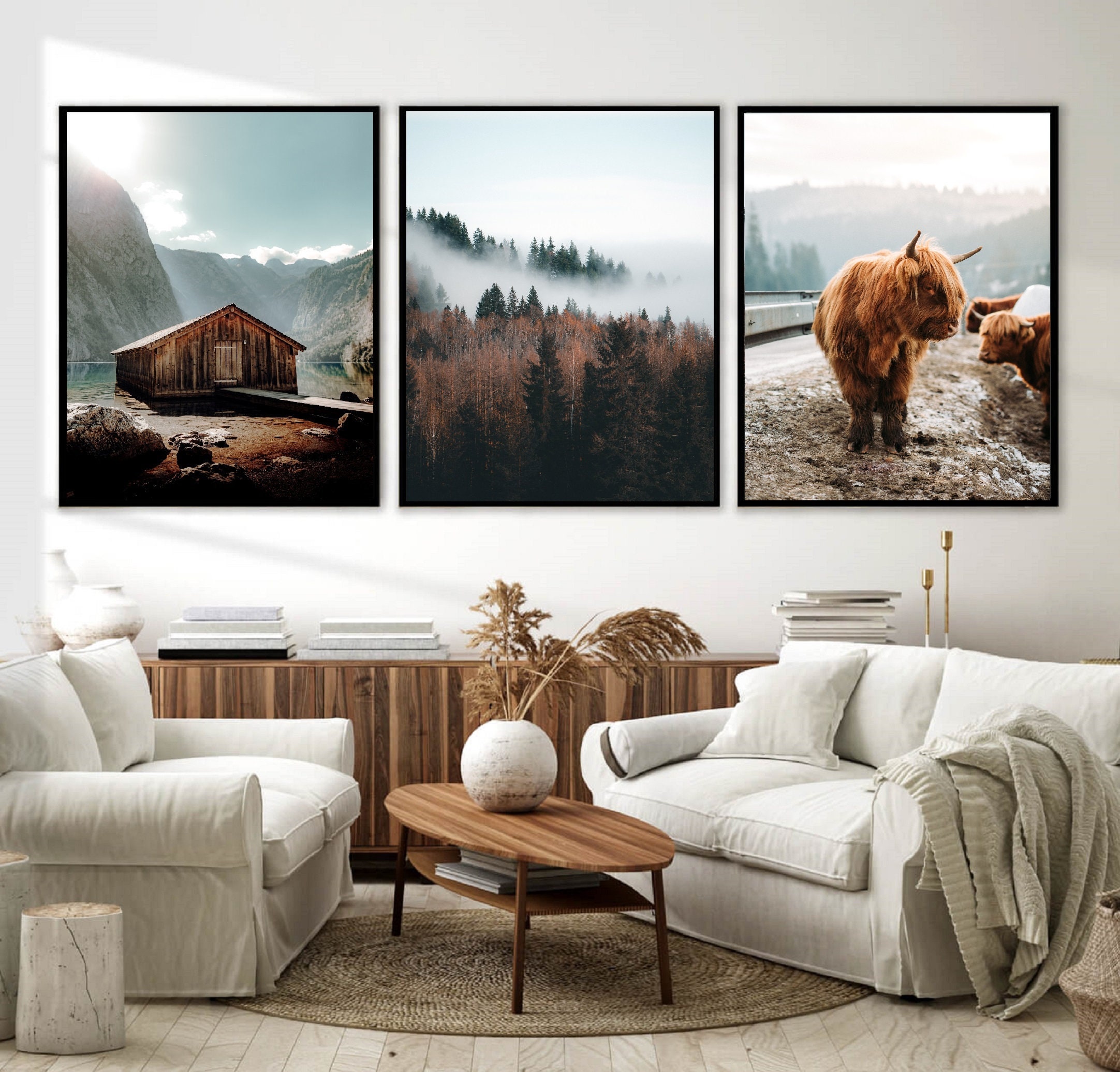 Rustic Large Print Highland Cow Prints Set, Rustic Forest Nature 3 Piece Wall Art, Digital ...