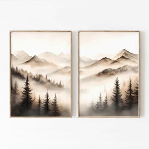 Conjunto de 2 impressões abstratas de paisagens montanhosas, arte de parede de natureza neutra de 2 peças, arte de parede moderna para impressão de floresta com neblina