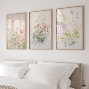 Pastel wildflowers prints set of 3, abstract soft pastel pink flowers illustrations, digital download, printable wall art