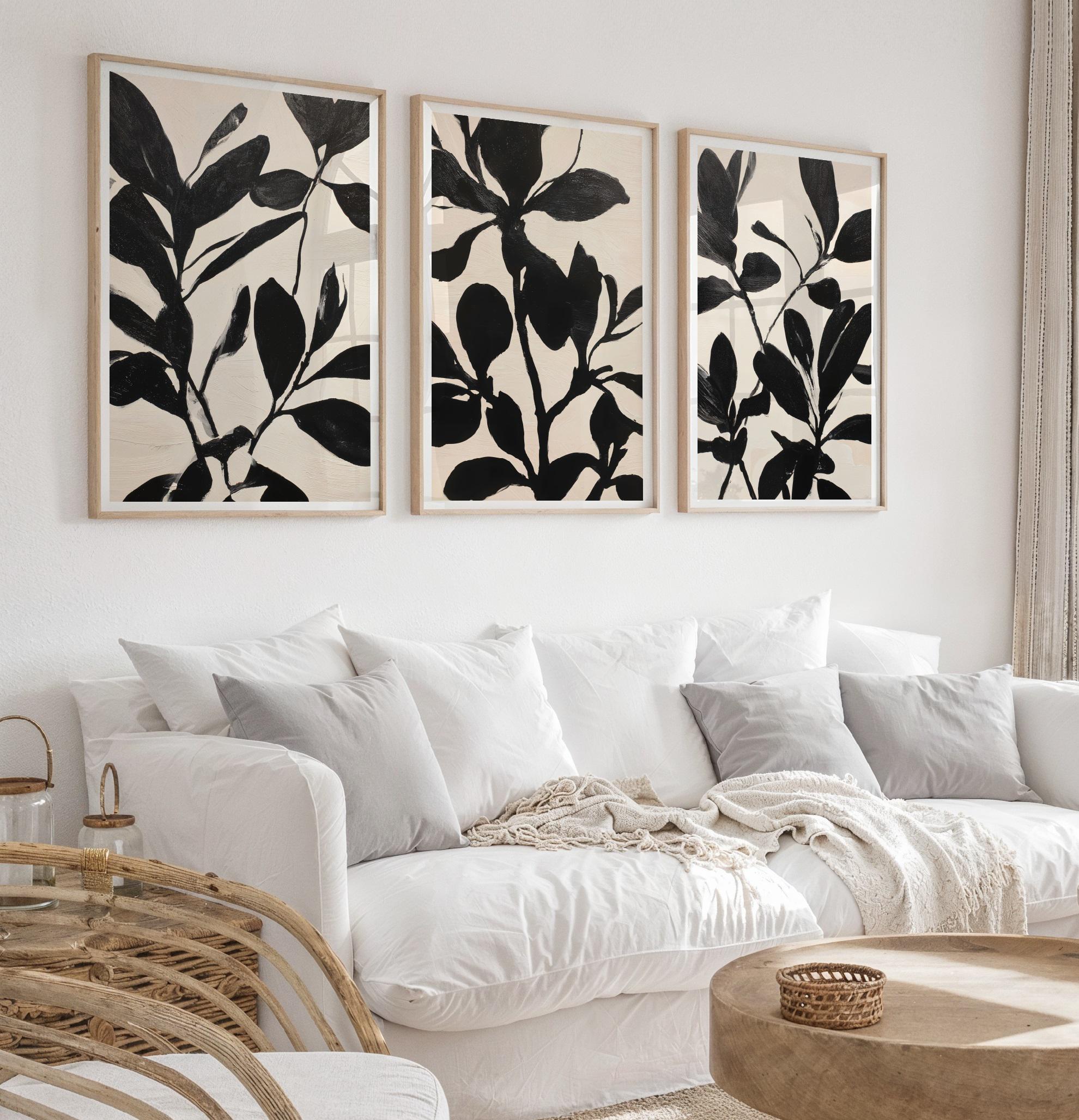 Neutral Botanical Prints Set of 3, Minimalist Leaves Black Beige Wall ...
