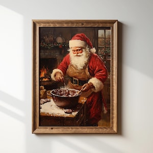 May include: A painting of Santa Claus in a red suit and white beard, stirring a pot of chocolate in a kitchen setting.