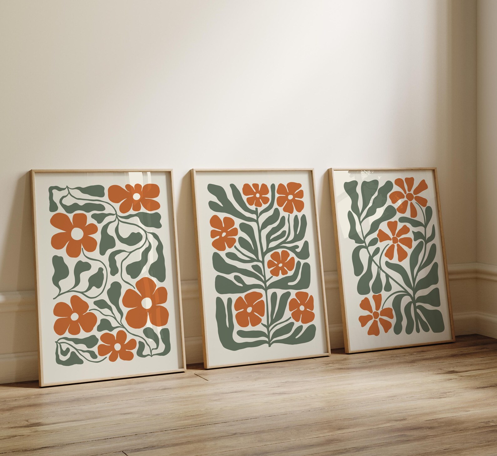 Abstract Orange Green Flowers Prints, Boho Terracotta Prints Set of 3 ...