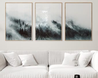 Misty foggy forest wall art prints, forest mountains landscape triptych photography, digital download
