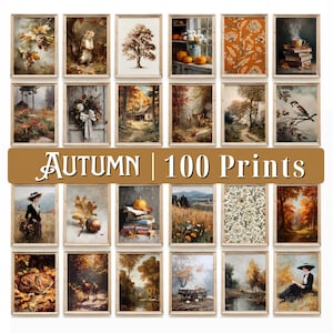 May include: A set of 20 framed art prints with an autumnal theme. The prints depict various autumn scenes, including landscapes, animals, and still life arrangements. The text "AUTUMN | 100 Prints" is displayed on a banner.