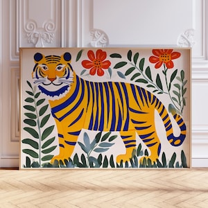 May include: A framed illustration of a yellow and blue striped tiger walking through a jungle scene with green leaves and red flowers.