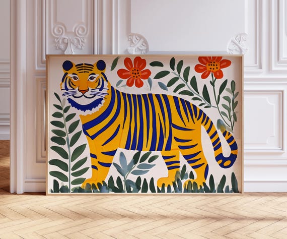 Kids Wild tiger print, colorful animal room decor, maximalist nursery tiger illustration, printable wall art