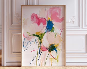 Abstract pink flowers print, modern pink peony artwork, printable wall art