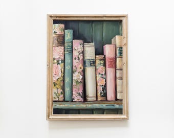 Bücher Stapel Kunst Gemälde, Pastell Bücherregal Dekor, grandmillennial Bücher Druck, Cottage rosa grüne Blumen Leseecke druckbare Wandkunst