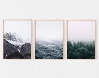3 piece wall art, nature prints, landscape prints set of 3, mountains ocean forest gallery set, nordic printable wall art