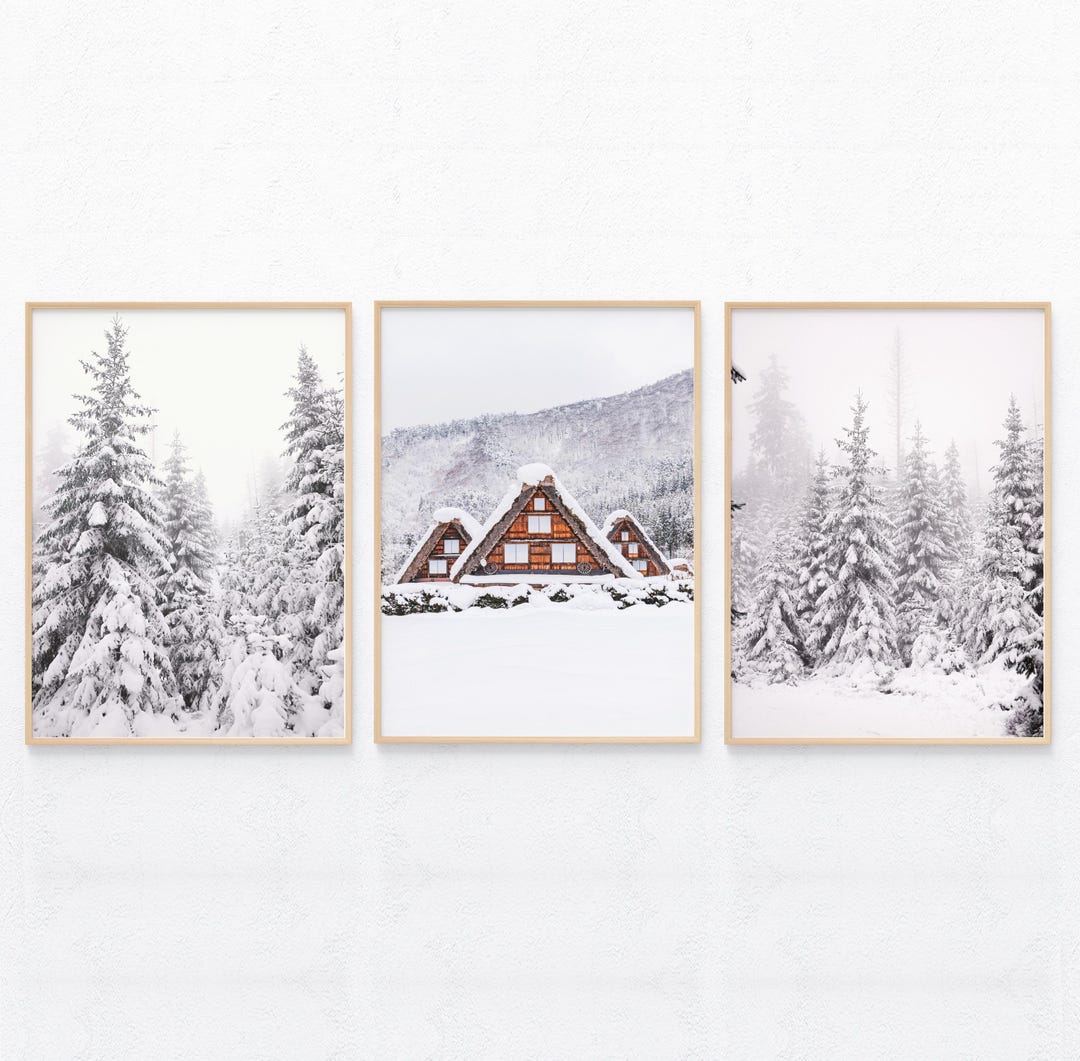 Winter Wonderland Prints Set of 3, Winter Photography, Snow Log Cabin ...