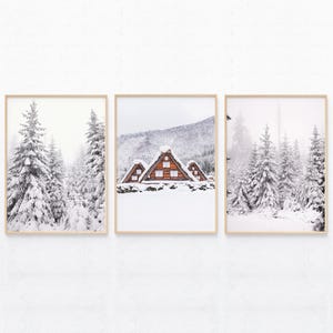 Set di 3 stampe di paesaggi invernali, fotografie invernali, poster di paesaggi di baite innevate, stampe natalizie, stampe murali stampabili
