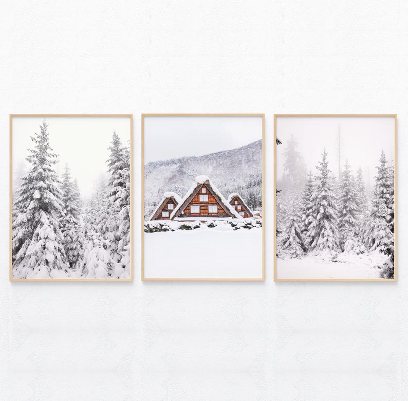 Winter Wonderland Prints Set of 3, Winter Photography, Snow Log Cabin ...