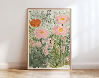 Summer flowers field print, pink green modern floral painting, eclectic peonies printable wall art