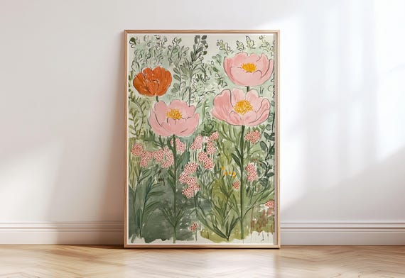 Summer flowers field print, pink green modern floral painting, eclectic peonies printable wall art