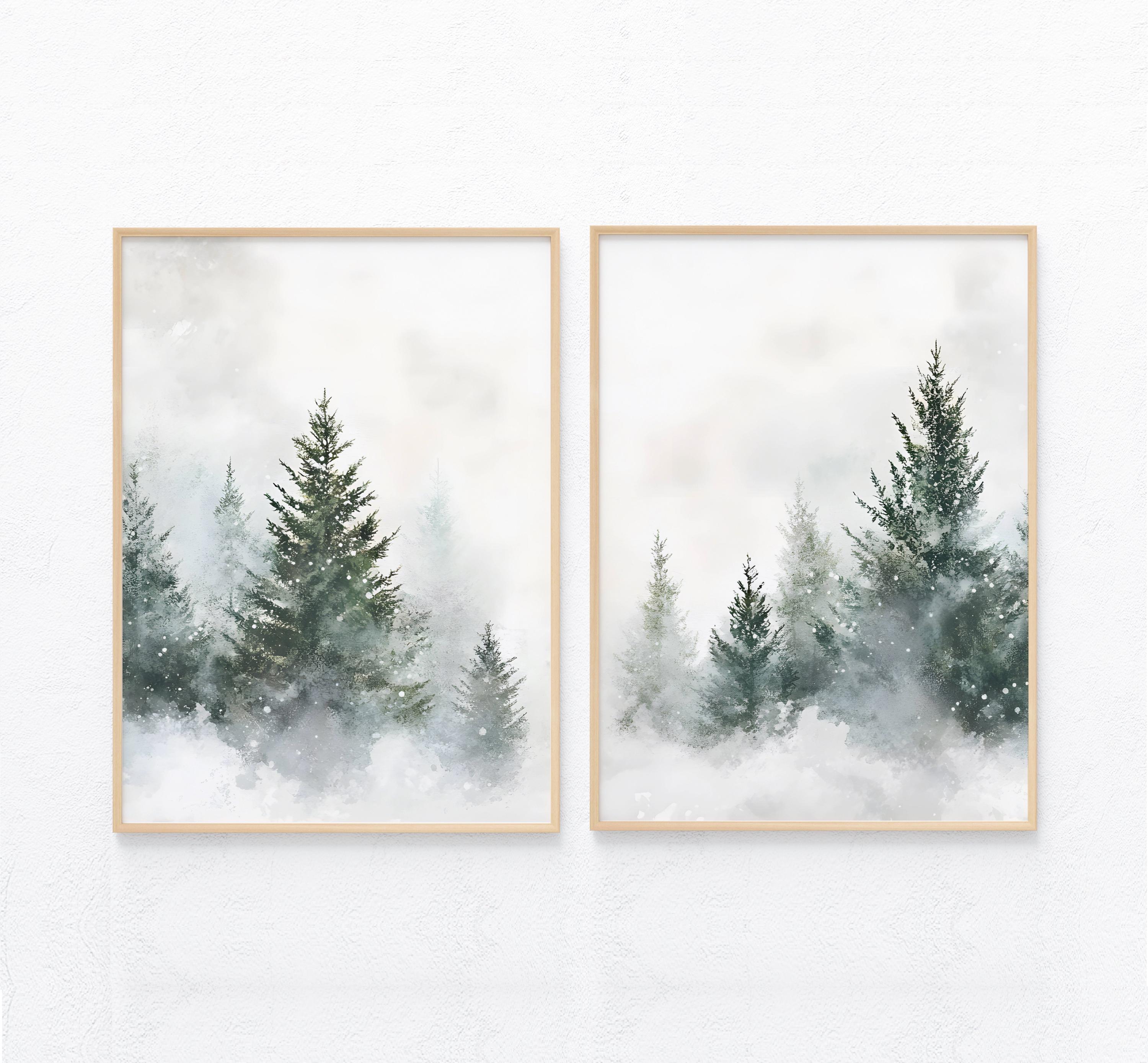 Winter Forest Prints Set of 2, Watercolor Snowy Pine Trees Artwork ...